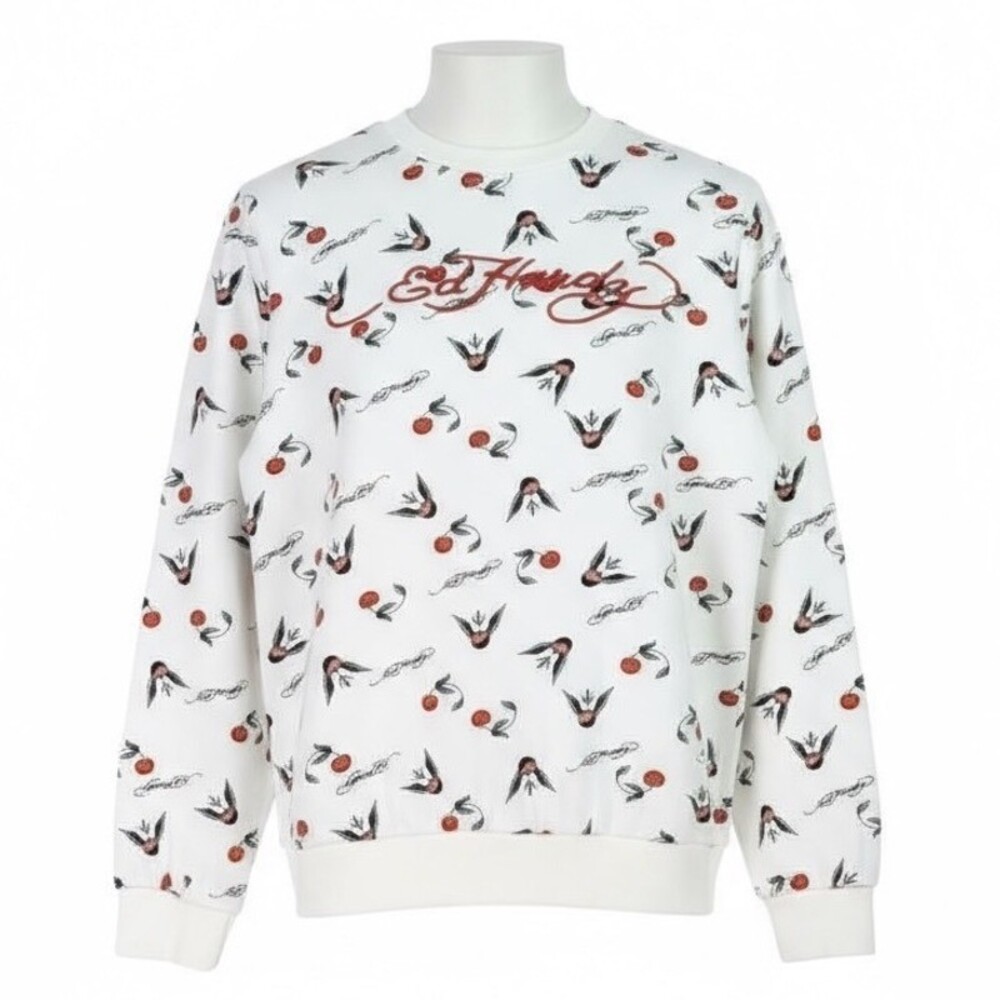 Ed Hardy Kids White Crewneck Sweatshirt Cherry & Swallow Graphic Print